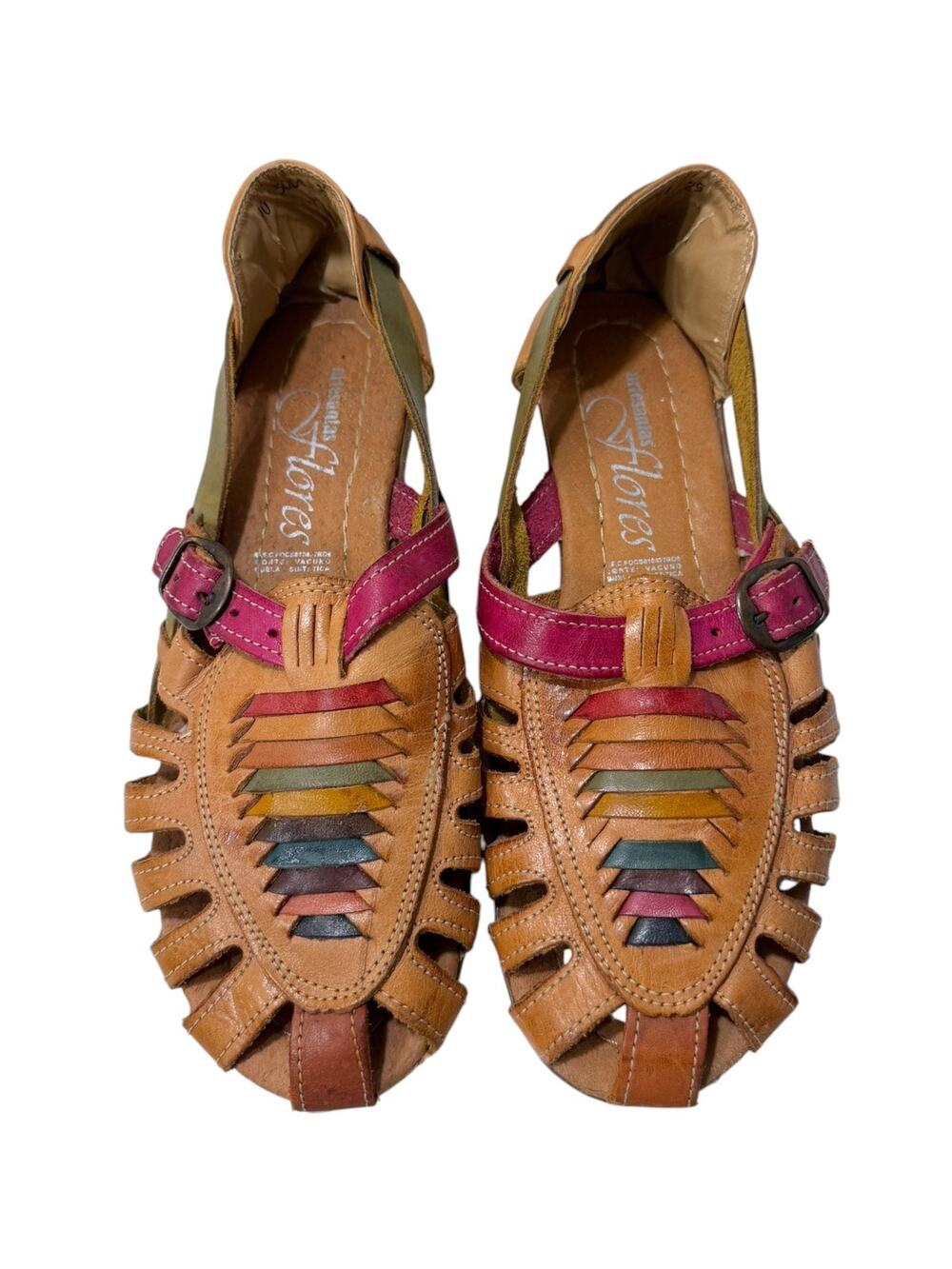Artesanias Flores Leather Huarache Sandals Women's 8 Multicolor Boho Fisherman